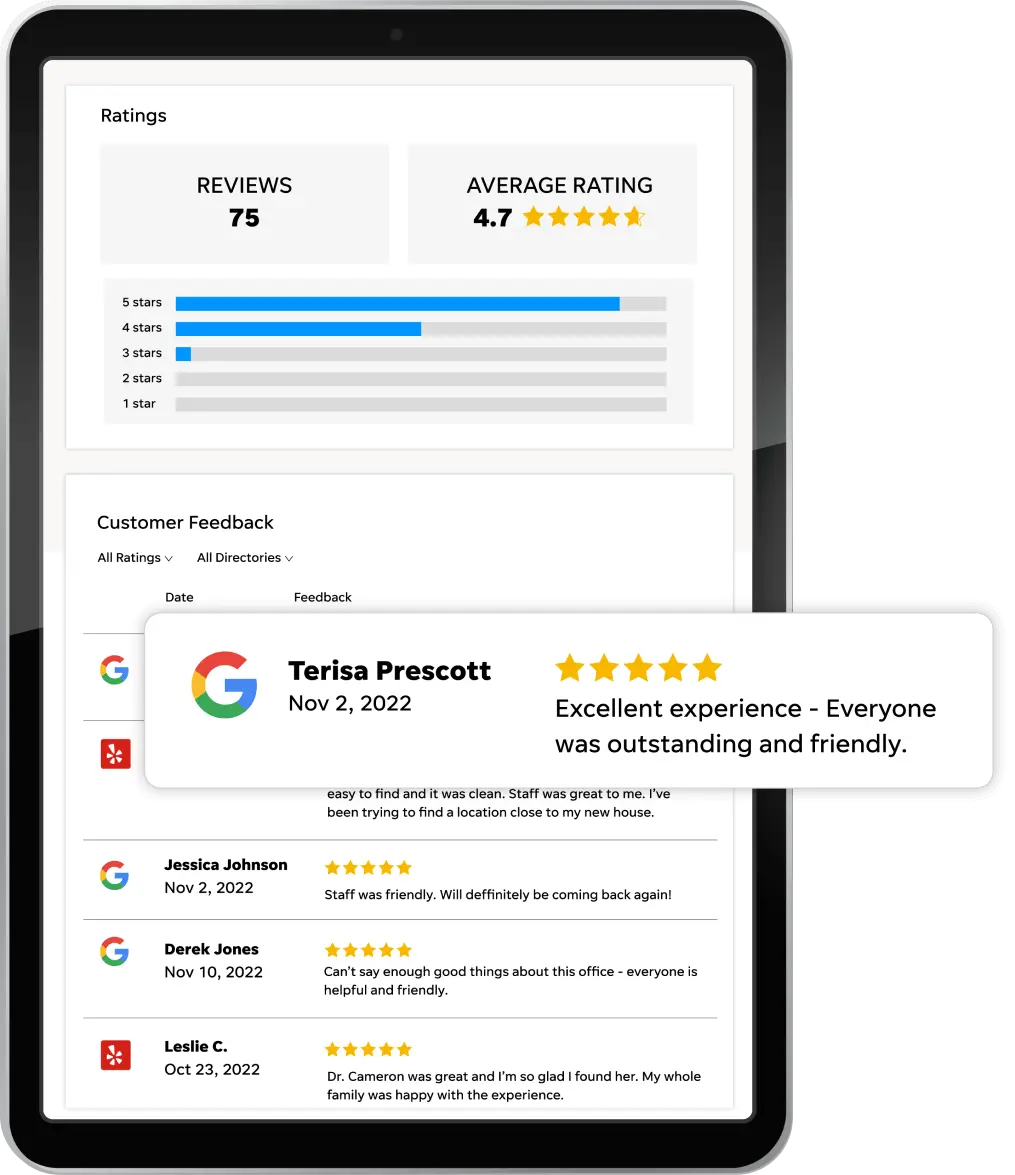 Tablet showing business ratings and reviews