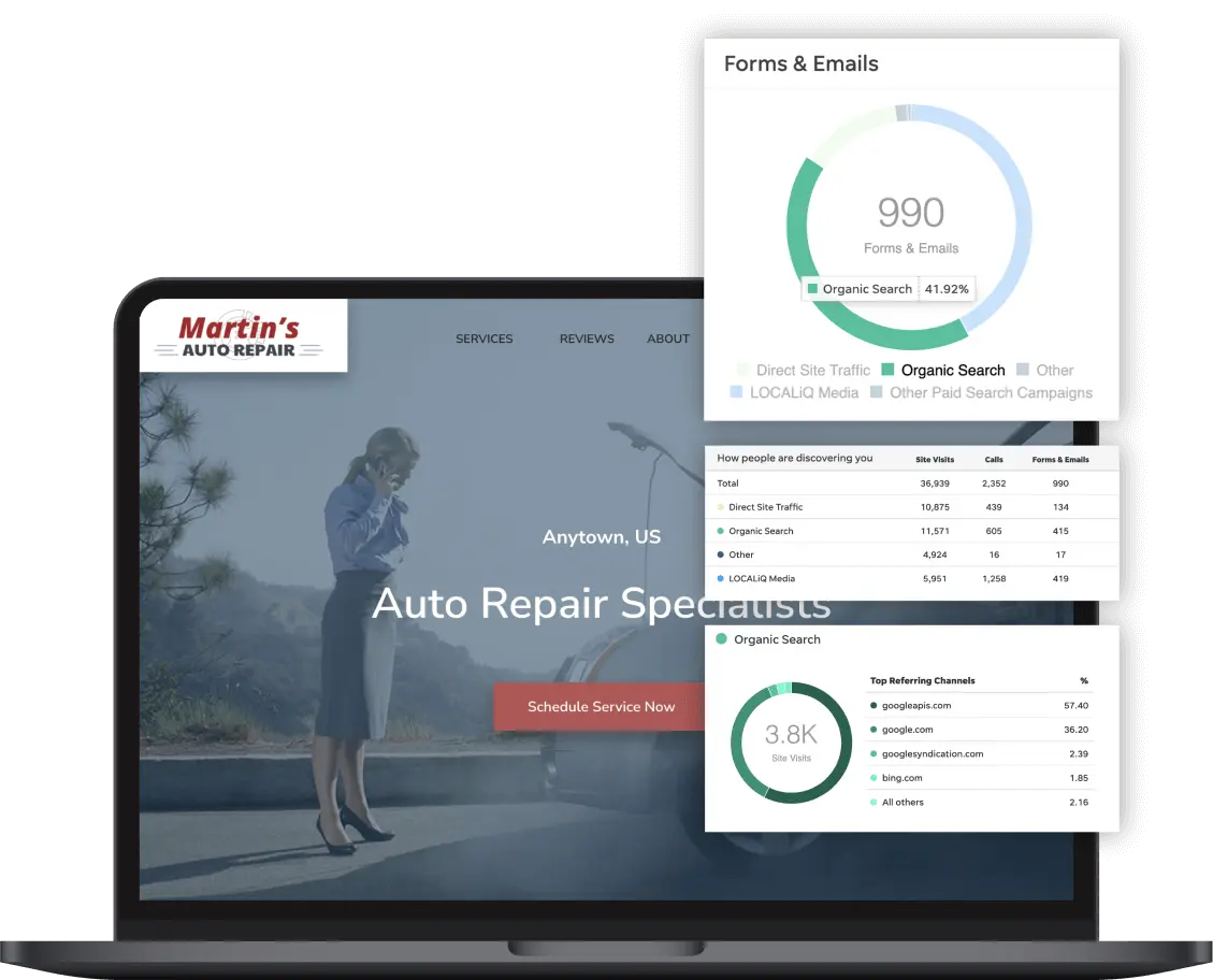 Laptop showing auto repair website with SEO performance charts and metrics