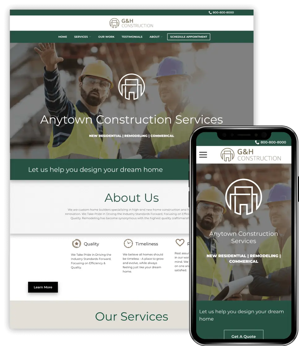 Example of construction website design on desktop and mobile