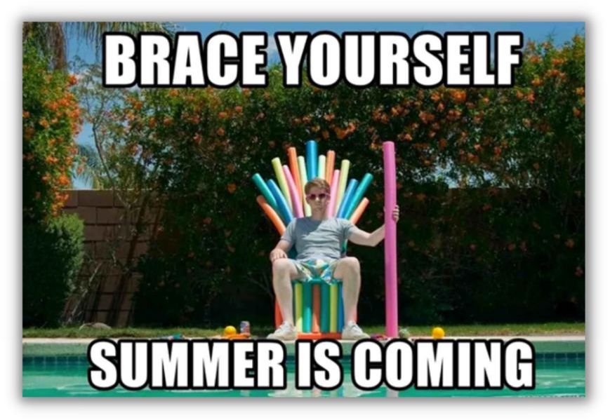 summer slogans - summer is coming meme with pool noodles