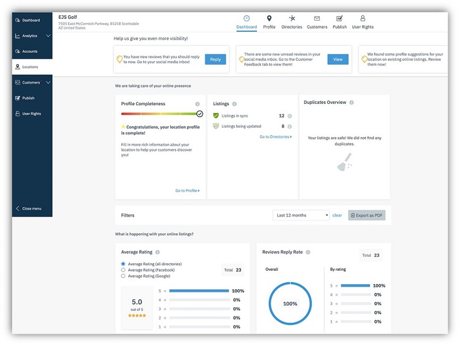 brand reputation - an example of the localiq listings management dashboard