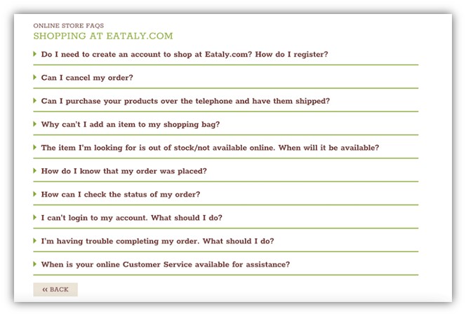 faq page example from eataly