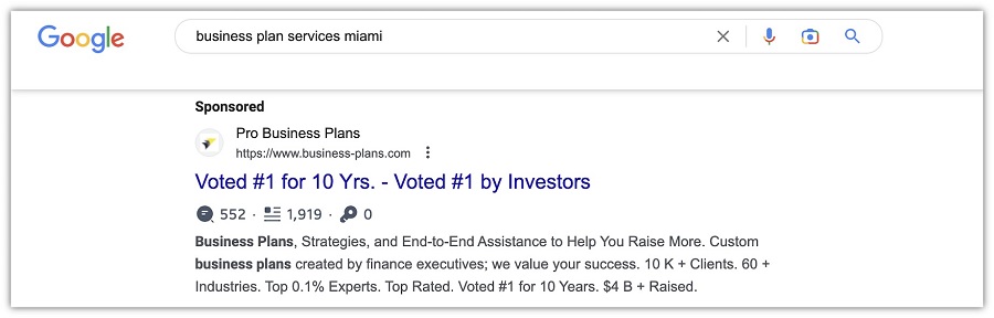 ad copy examples - screenshot of google search ad about business planning