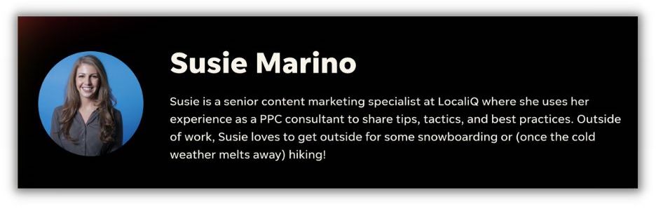 how to write a professional bio - example from susie marino on localiq blog