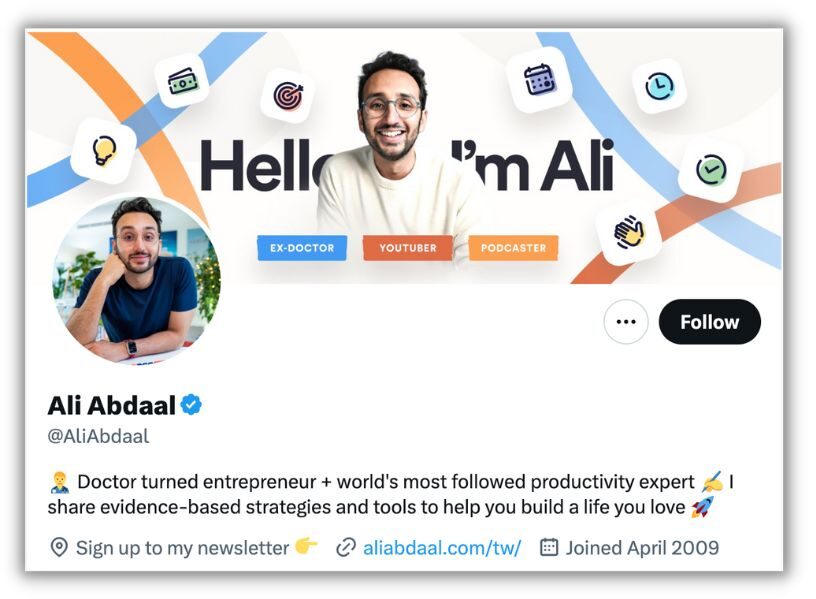 how to write a professional bio - example from ali abdaal on twitter
