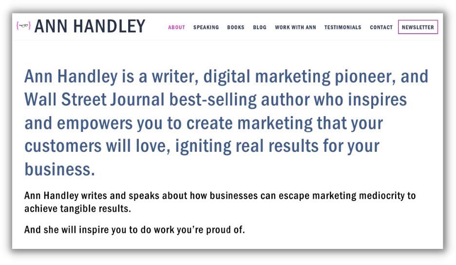 how to write a professional bio - example from ann handley on her about us page
