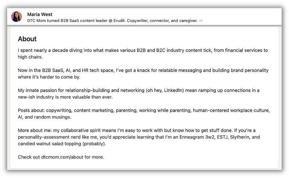 how to write a professional bio - example from maria west on linkedin