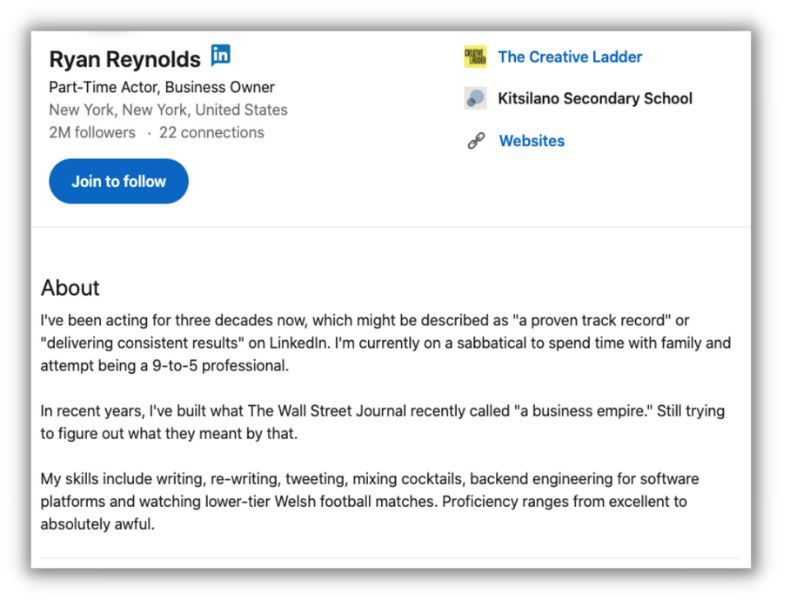 how to write a professional bio - example from ryan reynolds on linkedin