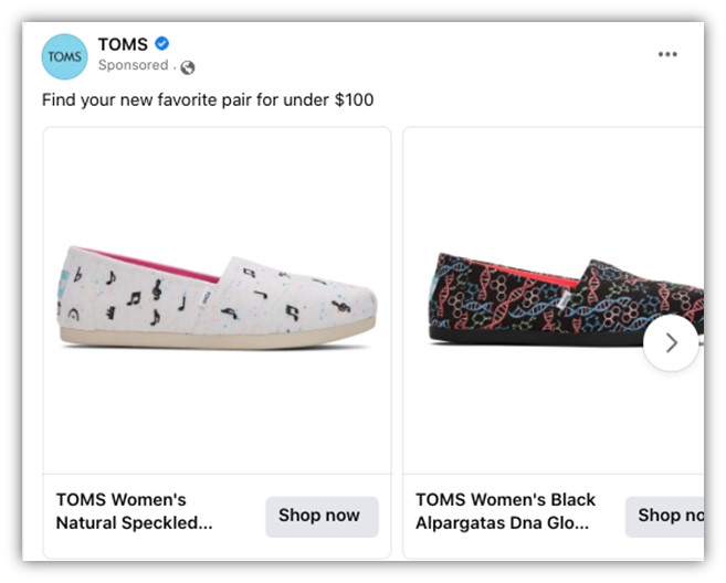 shoppable ads - toms on facebook shoppable ad example