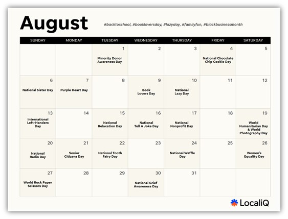 social media branding - august social media holiday marketing calendar screenshot