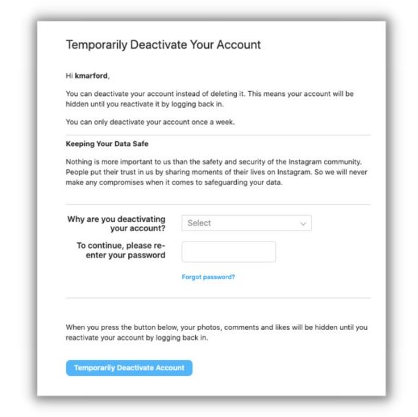 Delete Instagram - The account deactivation page on Instagram