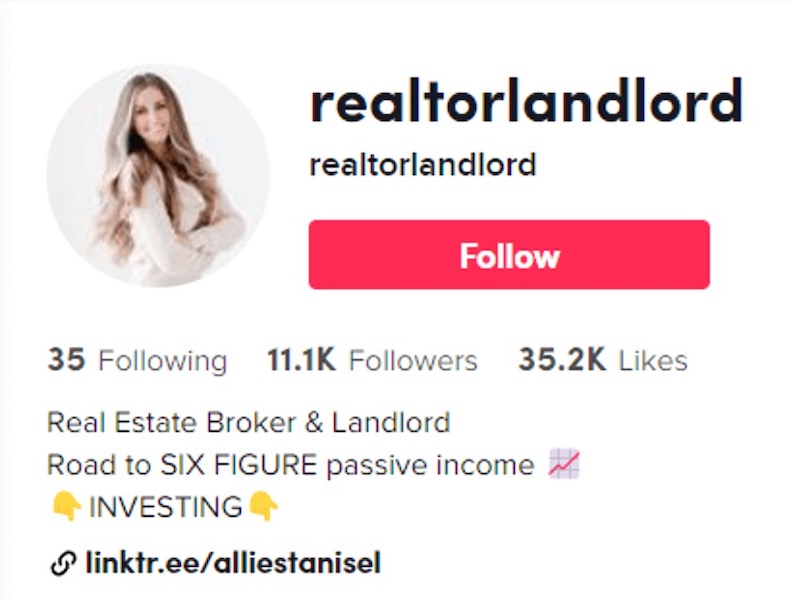 who to get more followers on tiktok - bio page of a realtor on tiktok