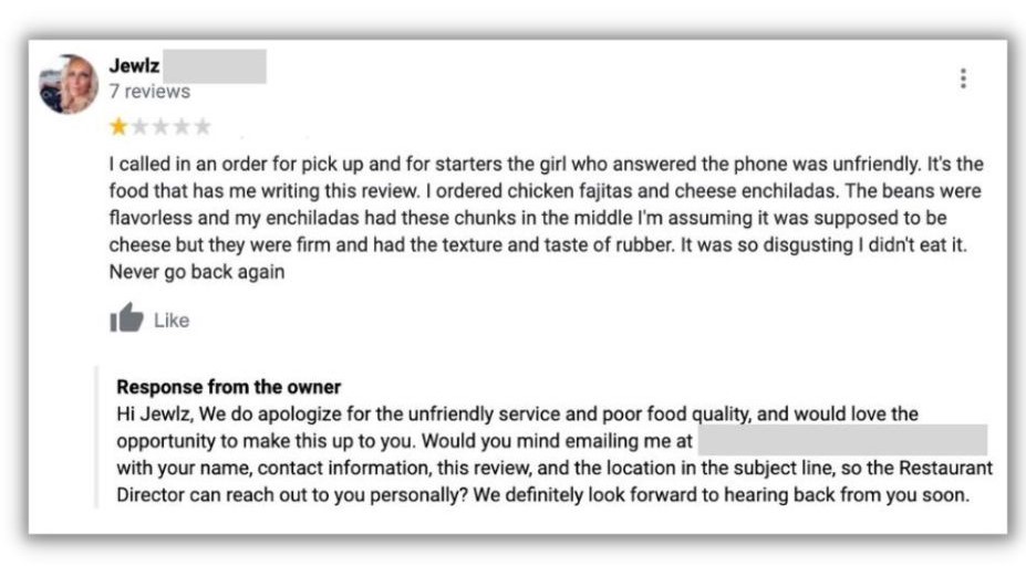 How to respond to Google reviews - screenshot of a negative google review