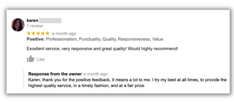 How to respond to Google reviews - screenshot of a positive google review