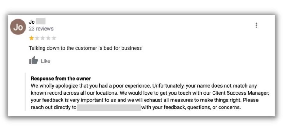 How to respond to Google reviews - screenshot of a negative google review