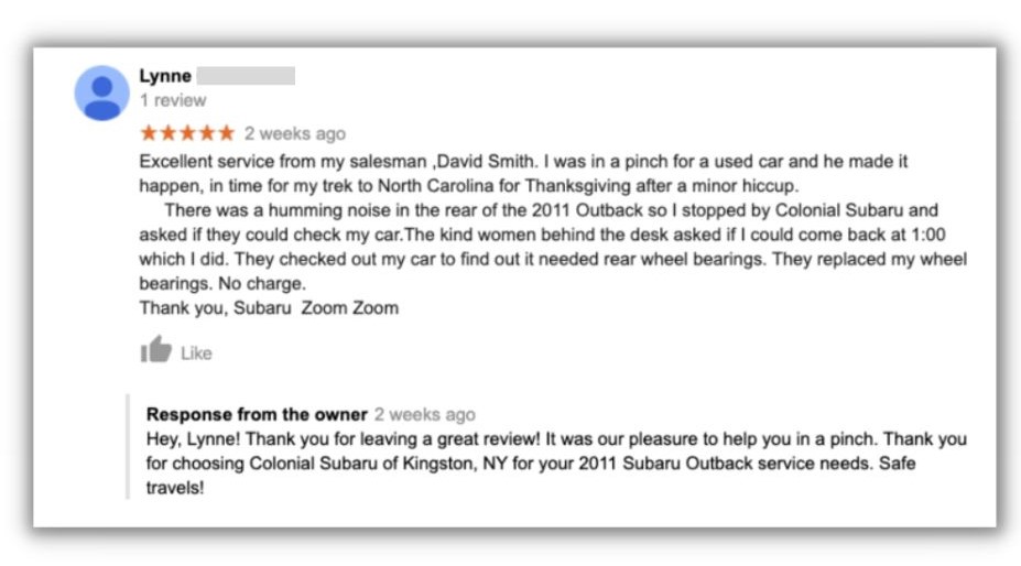 How to respond to Google reviews - screenshot of a positive google review