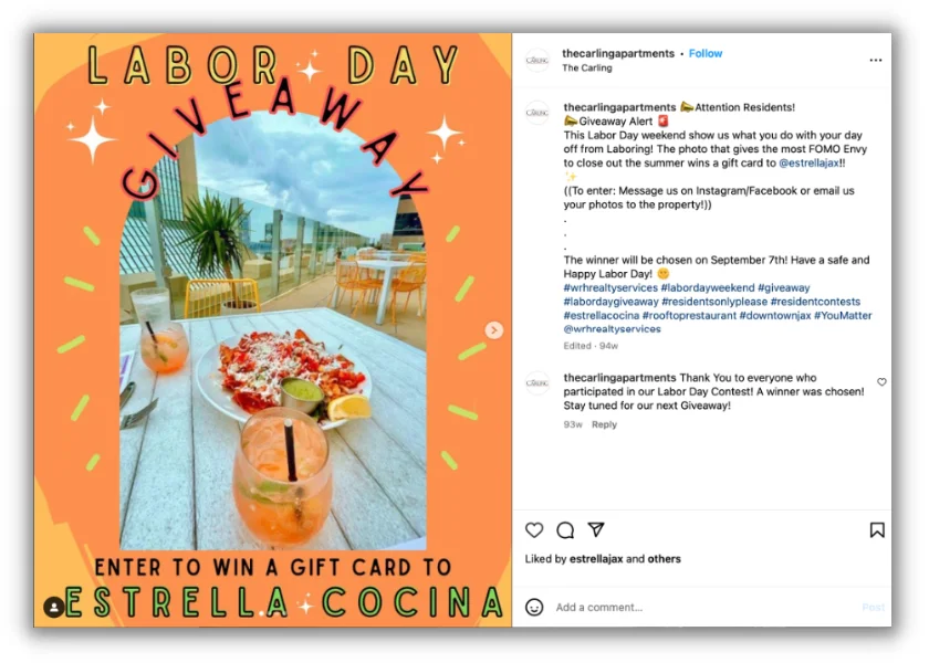 labor day slogan - example of business using labor day slogans to promote contest on instagram