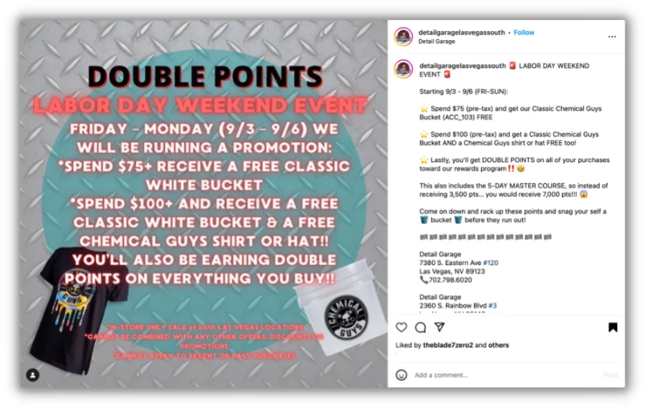 labor day slogans - business promoting double points labor day event on instagram