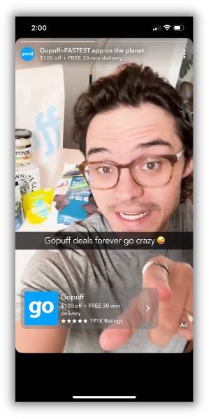 snapchat ad example from gopuff with user generated content