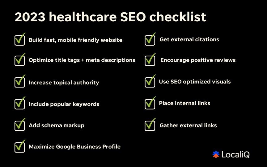 Healthcare SEO checklist on black background with green checkmarks