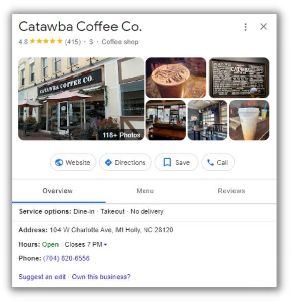 SEO metrics - Google Business Page from local coffee shop