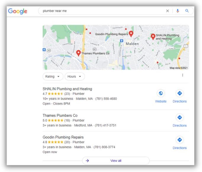 SEO metrics - screenshot of local search results