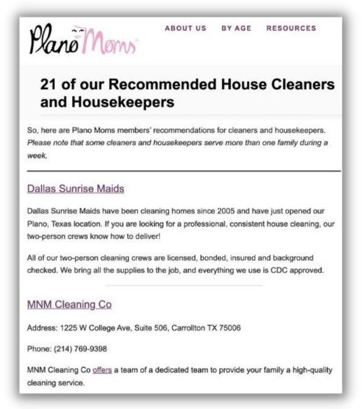SEO metrics - screenshot of a listing for local house cleaners