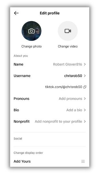 TikTok bio ideas - screenshot of TikTok profile edit page