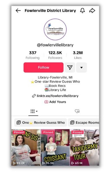 TikTok bio ideas - screenshot of Fowlerville library tiktok profile