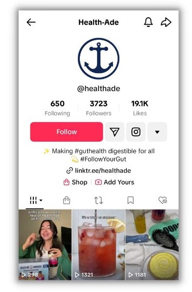 TikTok bio ideas - screenshot of Health-ade tiktok profile