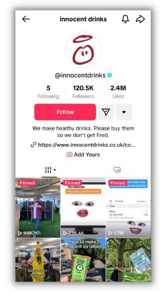 TikTok bio ideas - screenshot of innocent drinks tiktok account