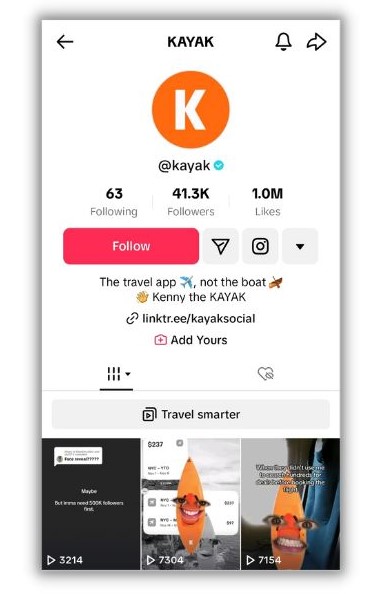 TikTok bio ideas - screenshot of Kayak tiktok profile