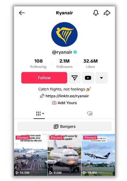 TikTok bio ideas - screenshot of Ryanair tiktok profile