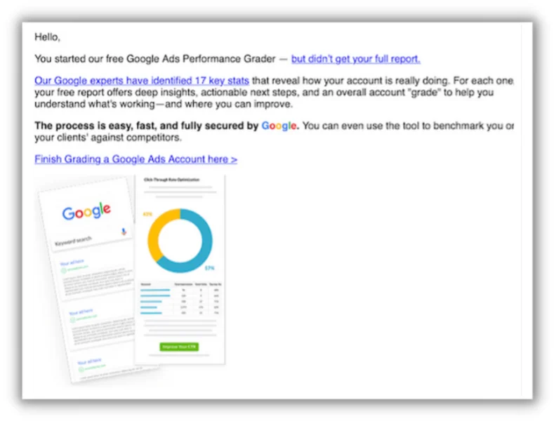 free trial reminder email example from wordstream free google ads grader tool