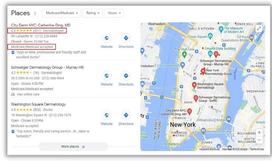 Healthcare SEO Google results highlighting payment methods and reviews