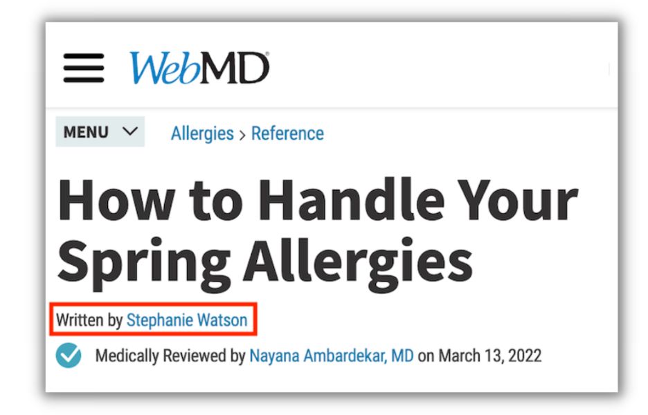 Healthcare SEO - Screenshot of a WebMD image highlighting the author's byline