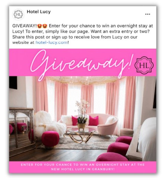 social media lead generation - hotel lucy post with a giveaway offer