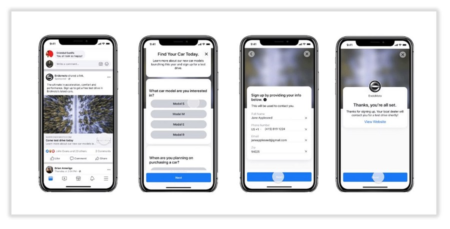 social media lead generation - screenshot of four phone screens showing how lead ads work