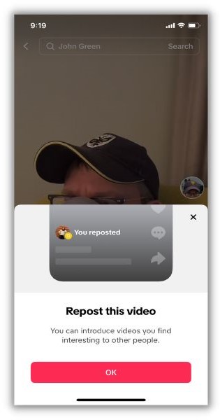How to repost on TikTok - TikTok message that a post was reposted