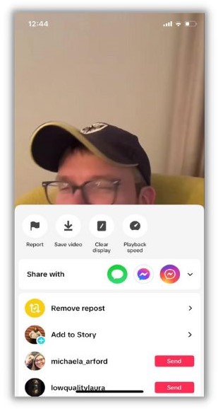 How to repost on TikTok - screenshot showing the undo repost button