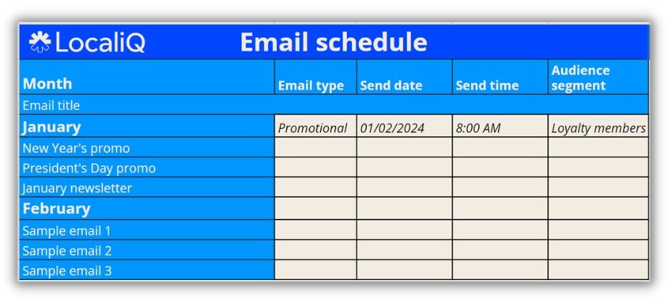 Email marketing strategy template -screenshot of the email schedule template