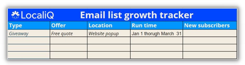 Email marketing strategy template - screenshot of the email list growth tracker