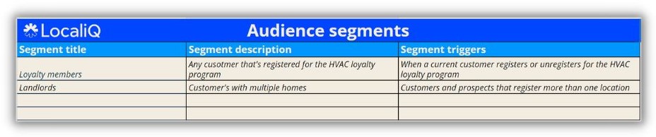 Email marketing strategy template - screenshot of the audience segment tracker