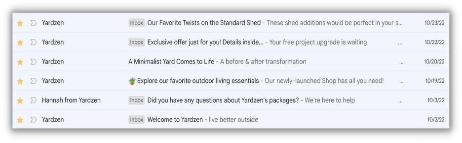 types of marketing emails - nurture email sequence example from yardzen
