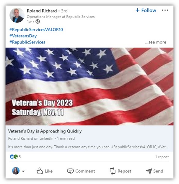 veterans day posts - linkedin hashtag example