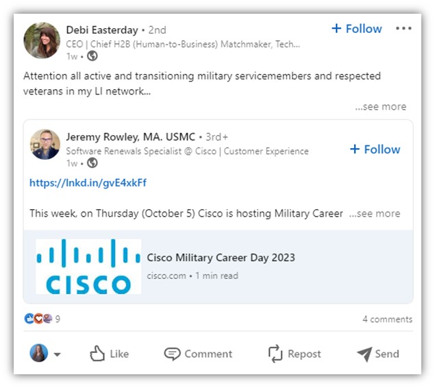 veterans day posts - example of reposted veterans day content on linkedin