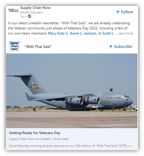 veterans day posts - business tagging veteran employees on linkedin