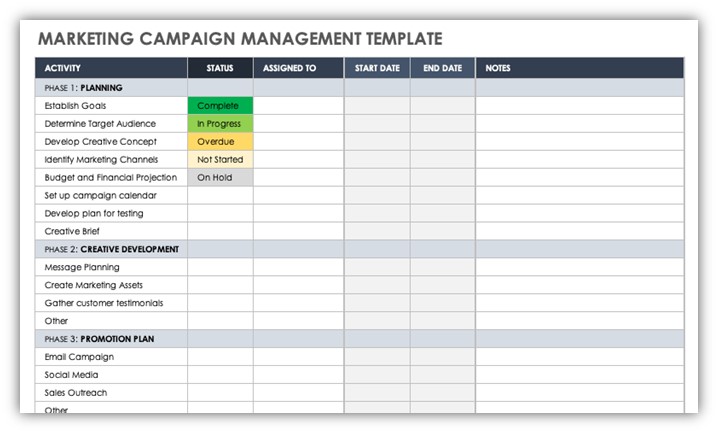 marketing campaign template - screenshot of smartsheet campaign planning template
