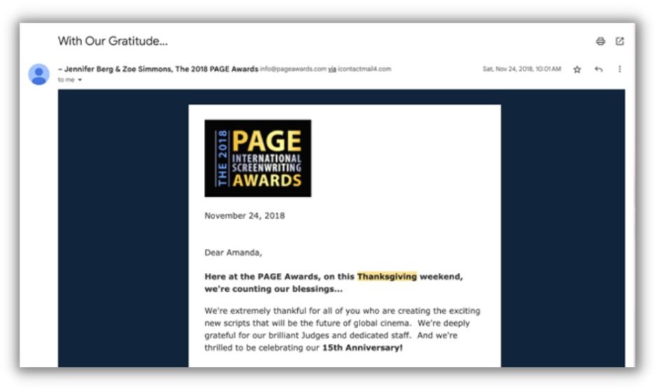 Thanksgiving email - example from PAGE awards