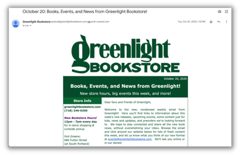 Thanksgiving email - greenlight bookstore example